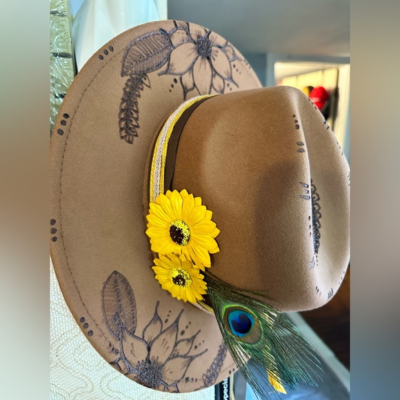Felt wide brimmed fedora style hat with hand burned design main image 4